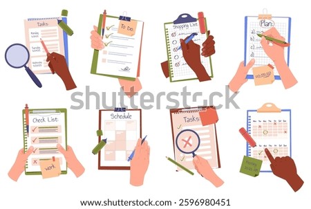 Human hands holding checklist on clipboard writing to-list, filling diary and shopping list, searching incomplete tasks and checking schedule, notes in daily planner isolated vector illustration set
