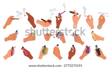 Human hands holding cigarettes and vapes. Mens and womens arms. Unhealthy addiction. Tobacco smoking and vaping. Lighters and matches. E-cig pipes. Bad habits. Smokers cigar. Nicotine smoke vector set