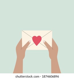 Human hands holding close packing envelope with a love letter. Modern vector illustration for Valentine's Day, greeting card, romantic postcard, banner template