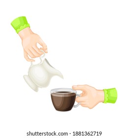 Human Hands Holding Coffee Cup and Pouring Dairy Cream in It Vector Illustration