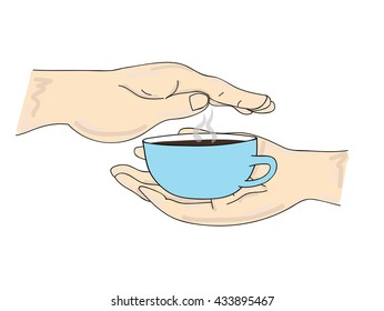 Human hands holding coffee cup. Vector illustration.