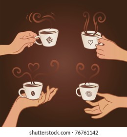 Human hands holding coffee cups. Vector set.