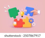 Human hands holding colorful puzzle pieces. Team metaphor. people connecting puzzle elements. Problem-solving, business challenge.  3D Web Vector Illustrations.