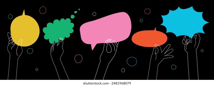 Human hands holding colorful speech bubbles. Hand drawn vector illustration isolated on dark background. Team cooperation and communication. Modern flat cartoon style.