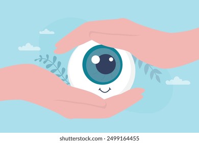 Manos humanas sosteniendo y cubriendo el globo ocular. Atención médica ocular, atención médica y tratamiento. Órgano interno sano. Cuidado de la vista. Ilustración vectorial plana
