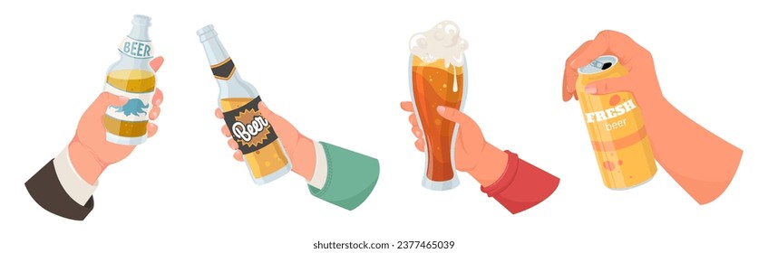 Human hands holding craft beer alcohol drink in pint mug, glass bottle and steel can isolated vector illustration set on white background. Bar pub party octoberfest celebration