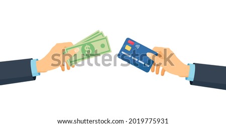 Human hands holding credit or debit card and money bills. Financial operations, investments, transactions and cash turnover. Cash and non-cash payment. Vector illustration