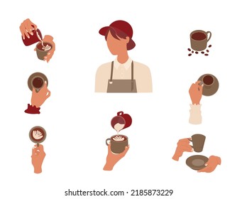 Human hands are holding cup of coffee. Set top side view. Barista makes cappuccino. Flat vector illustration isolated on white.