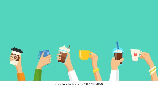 Human hands holding cups with coffee and tea. Vector illustration. Background with copy space