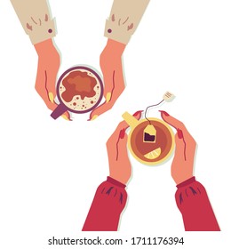 Human hands holding cups or mugs with warm drinks, flat cartoon vector illustration isolated on white background. Coffee and tea break, meeting in cafe concept.