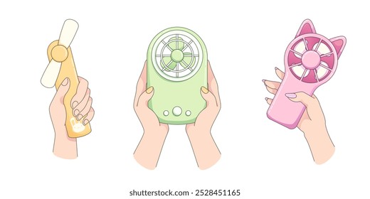 Human hands holding cute portable fan. Cartoon vector illustration set of handheld small summer cooling device. Handy electronic mini ventilator with propeller. Air ventilation climate equipment.