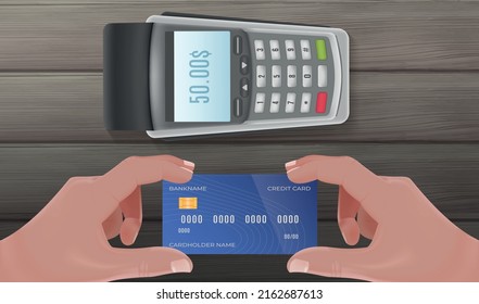 Human hands holding debit card near payment terminal on wooden table realistic vector illustration