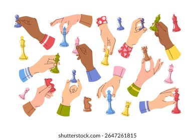 Human hands holding different chess pieces and figures isolated cartoon set on white background