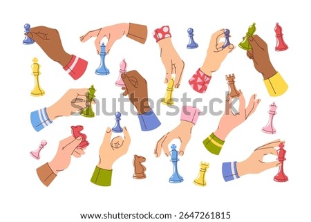 Human hands holding different chess pieces and figures isolated cartoon set on white background