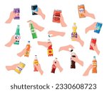 Human hands holding different drinks refreshing beverage in bottle and can set vector flat illustration. Arms with cola soda fruit juice carbonated liquid sweet water hydration thirst summer drinking