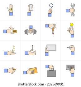 Human hands holding different objects flat icons set with card weights lightbulb isolated vector illustration