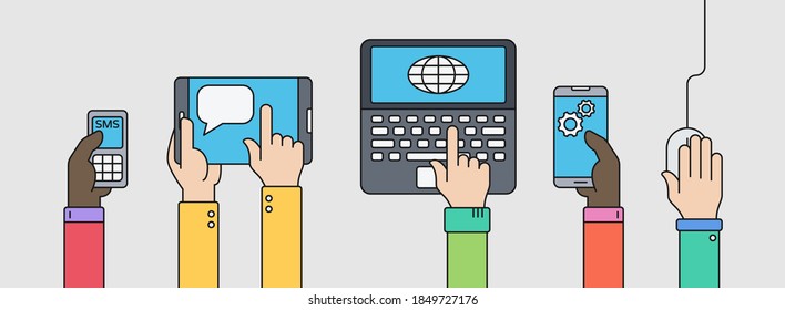 Menschen, die verschiedene Smartphones wie Smartphone, Tablet oder Laptop besitzen. Farbvektorgrafik mit schwarzem Hub für Web- und Business-Design