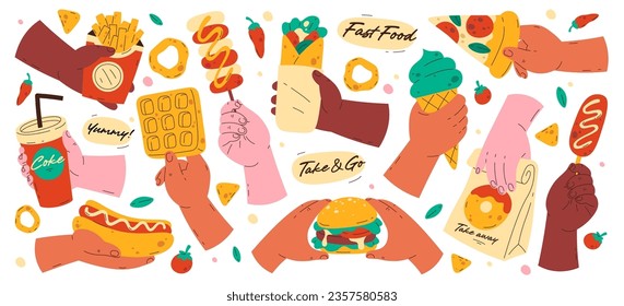 Human hands holding different street fast food, refreshing drinks and sweet dessert set. Person arm carrying pizza slice, burger, hot dog, fried french potatoes, ice-cream, soda vector illustration