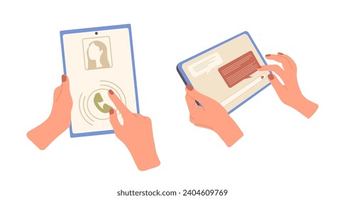 Human hands holding digital tablet pc using application for online communication and calling