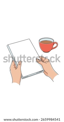 Human hands holding digital tablet with coffee cup background abstract vector art creative design