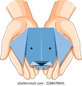 Human hands holding dog origami illustration
