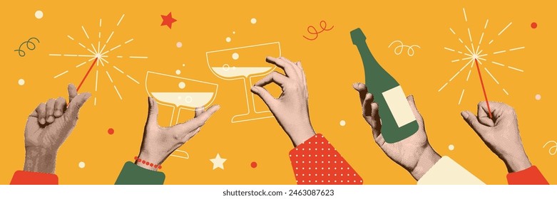 Human hands holding drinks, sparklers, bottle of champagne. People celebrate event together. 2025 New Year or Christmas party. Vintage halftone zine collage. Vector illustration.