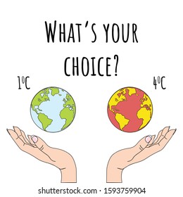 Human hands holding Earth. Global warming and climate change concept. Save the Earth. Rising temperatures. Poster, cover, card, banner, infographic, print design. Hand drawn vector illustration