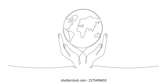 Human hands holding Earth globe continuous line art drawing. Save of Planet linear concept. Vector illustration isolated on white.