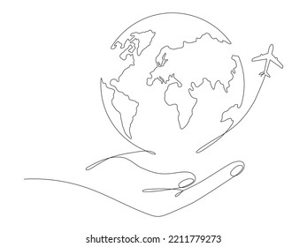 Human hands holding Earth globe with flying airplane continuous line art drawing. Save of Planet travel linear concept. Vector illustration isolated on white.