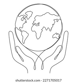 Manos humanas sosteniendo el dibujo de la línea continua del mundo terrestre. Salvar el concepto lineal del planeta. Ilustración vectorial aislada en blanco.