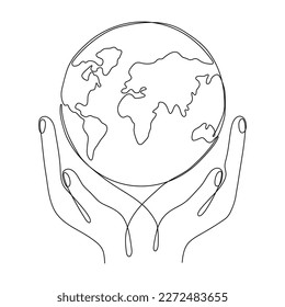 Human hands holding Earth globe continuous line art drawing. Save planet linear concept. Vector illustration isolated on white.