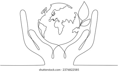 Manos humanas sujetando el globo terrestre con hojas trazadas. Mapa del mundo lineal con planta. Guardar el concepto Planeta. Símbolo del Día Mundial del Medio Ambiente. Ilustración vectorial aislada en blanco.
