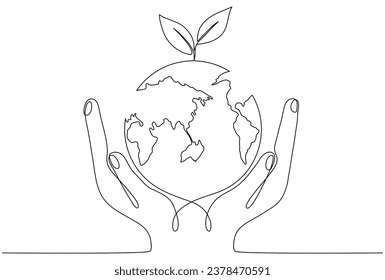 Human hands holding Earth globe with leaves continuous line drawn. Linear world map with plant. Save Planet concept. World environment day symbol. Vector illustration isolated on white.