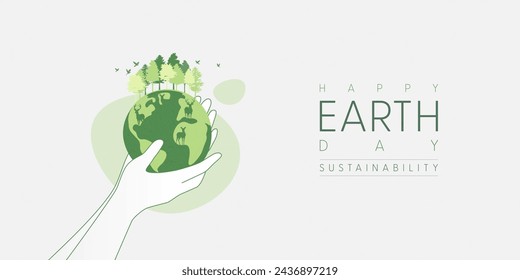 Human hands holding Earth globe. Earth Day, World Environment and Save the Earth concept. Sustainable ecology and environment conservation concept design. Vector illustration.