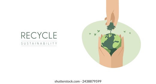 Manos humanas sujetando el globo terrestre para plantar el árbol. Día de la Tierra, Medio Ambiente Mundial y el concepto de Salvar la Tierra. Diseño de conceptos de ecología sostenible y conservación del medio ambiente. Ilustración vectorial.
