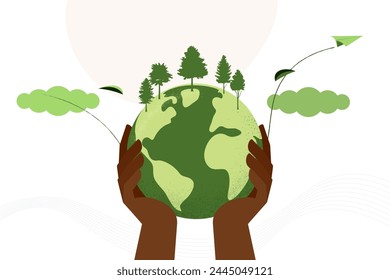 Human hands holding Earth globe. Earth Day, World Environment Day concept. Sustainable ecology and environment conservation concept design. Vector illustration.