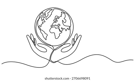 Manos humanas que sostienen el globo terráqueo con hojas de línea continua dibujada. Símbolo del Día Mundial del Medio Ambiente. Mapa del mundo lineal con planta. Ilustración vectorial aislada en blanco. Trazo editable