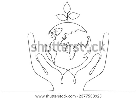 Human hands holding Earth globe with leaves continuous line drawn. Linear world map with plant. Save Planet concept. World environment day symbol. Vector illustration isolated on white.