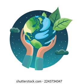 Manos humanas sosteniendo la tierra con hojas verdes alrededor. Concepto del Día de la Tierra. Manos sosteniendo el planeta tierra para la atención del medio ambiente. Ilustración vectorial amigable con la ecología.  