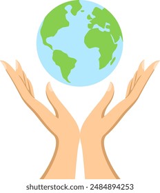 Human Hands Holding Earth Planet. Open Female Palms Holding Globe. World environment day, ecology, sustainable nature, planet conversation concept