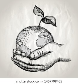 Human hands holding earth with plant sprout, vector hand drawn graphic illustration, save the planet, organic farming concept