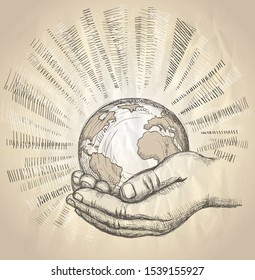 Human hands holding earth with plant sprout, vector hand drawn graphic illustration, save the planet, organic farming concept
