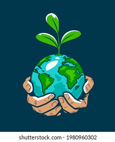 Human hands holding earth with plant sprout. Environment, ecology concept vector illustration