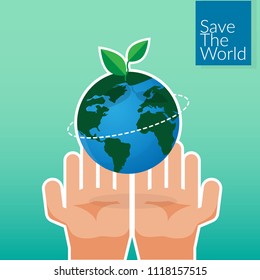 human hands holding Earth, save the world concept. people's volunteer hands planting green globe and tree for saving environment nature conservation and csr corporate social responsibility