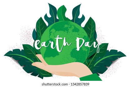 Human hands holding Earth, save earth concept.Happy Earth Day banner template background.environment safety celebration.vector illustration art style.Modern flat color design.grain and noise texture.