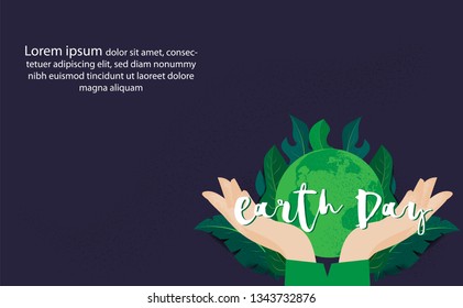 Human hands holding Earth, save earth concept.Happy Earth Day banner template background.environment safety celebration.vector illustration art style.Modern flat color design.grain and noise texture.