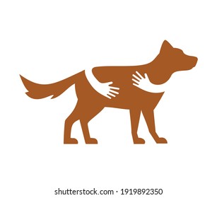 Human hands holding or embracing dog silhouette vector flat illustration. Creative emblem with arms in brown color. Pet shop, veterinary clinic, pet sitter service logo design template.
