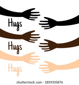 Human hands holding or embracing something logo sign. Creative emblem with arms in different colors vector illustration. Unique logotype design template. Isolated on white.