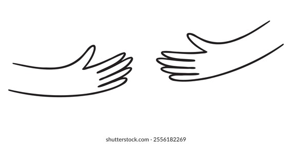 Human hands holding, hands embracing something doodle hand drawn icon. Outline drawing human hands holding line clipart symbol. Vector illustration