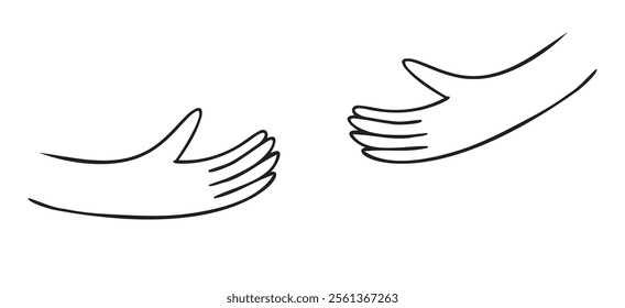 Human hands holding, hands embracing something doodle hand drawn icon. Outline drawing human hands holding line clipart symbol. Vector illustration